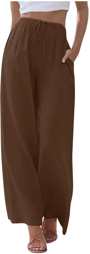 Womens Drawstring Elastic Waist Casual Wide Leg Trousers Cotton Linen Flowy Vacation Beach Palazzo Pants with Pockets