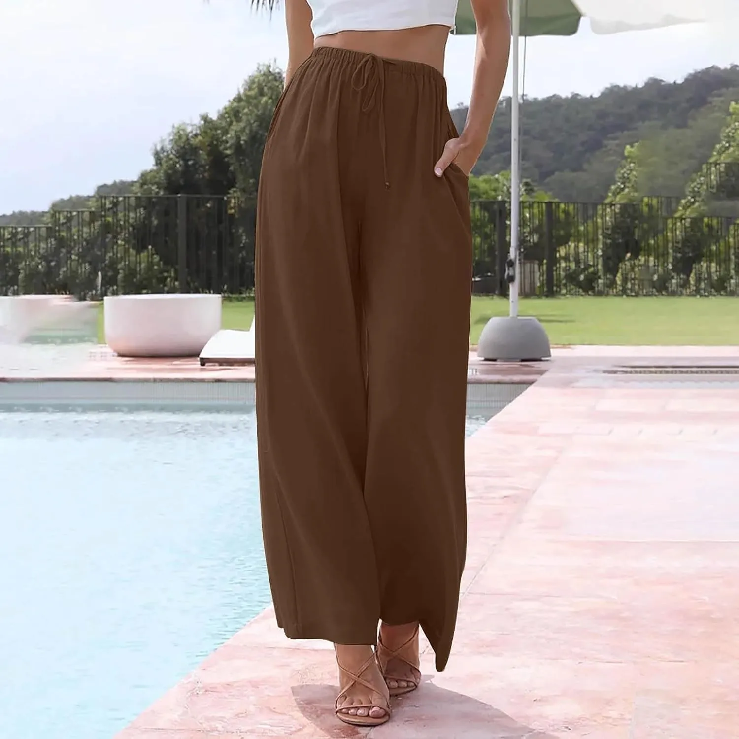 Womens Drawstring Elastic Waist Casual Wide Leg Trousers Cotton Linen Flowy Vacation Beach Palazzo Pants with Pockets