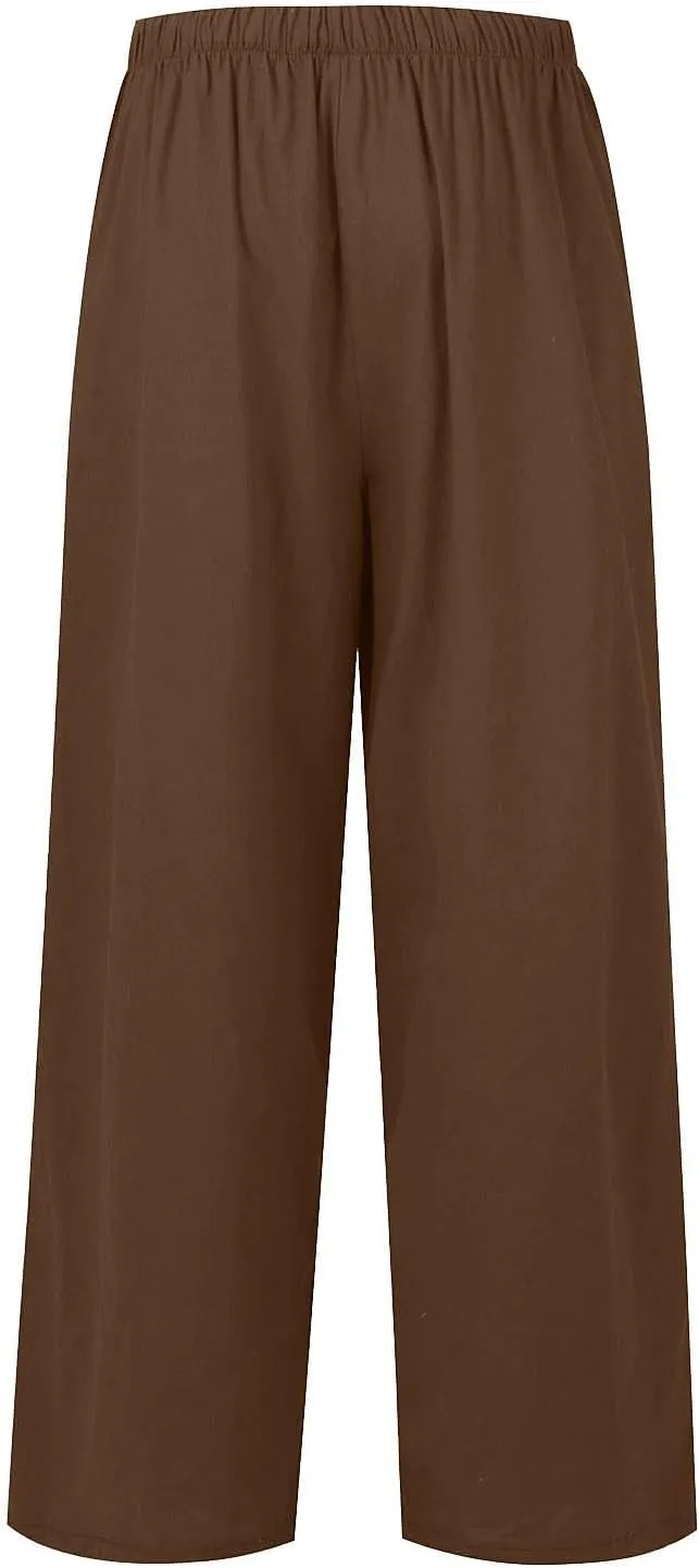 Womens Drawstring Elastic Waist Casual Wide Leg Trousers Cotton Linen Flowy Vacation Beach Palazzo Pants with Pockets