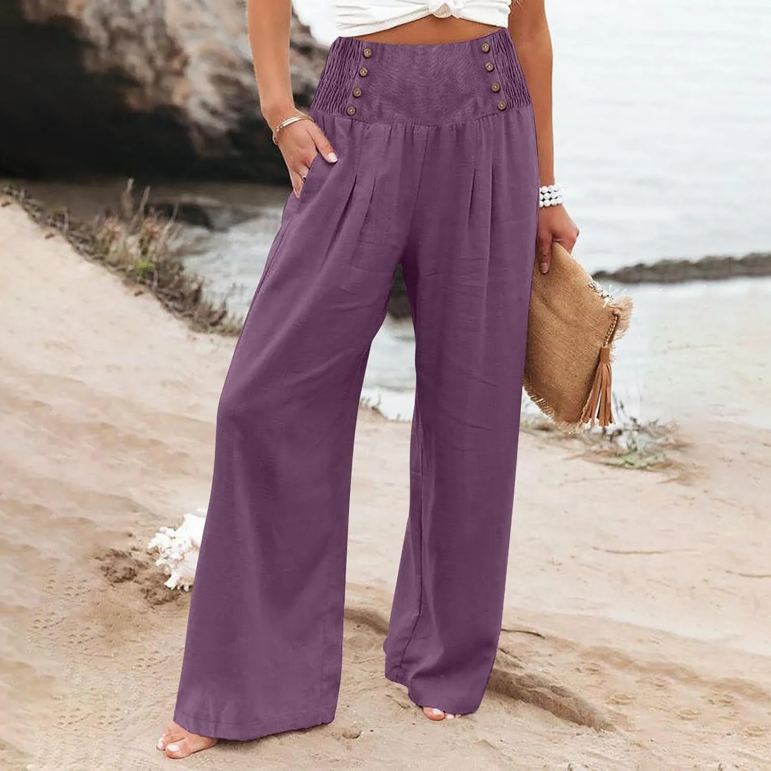 Women's Fashion Loose Casual Floral Printed High Waisted Wide Leg Dressy Loose Fit Pants