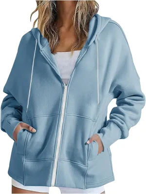 Women's Fashion Oversized Hoodie Long Sleeve Fleece Sweatshirt Full Zip Thumb Hole Pullover Pocket Casual Coat Tops