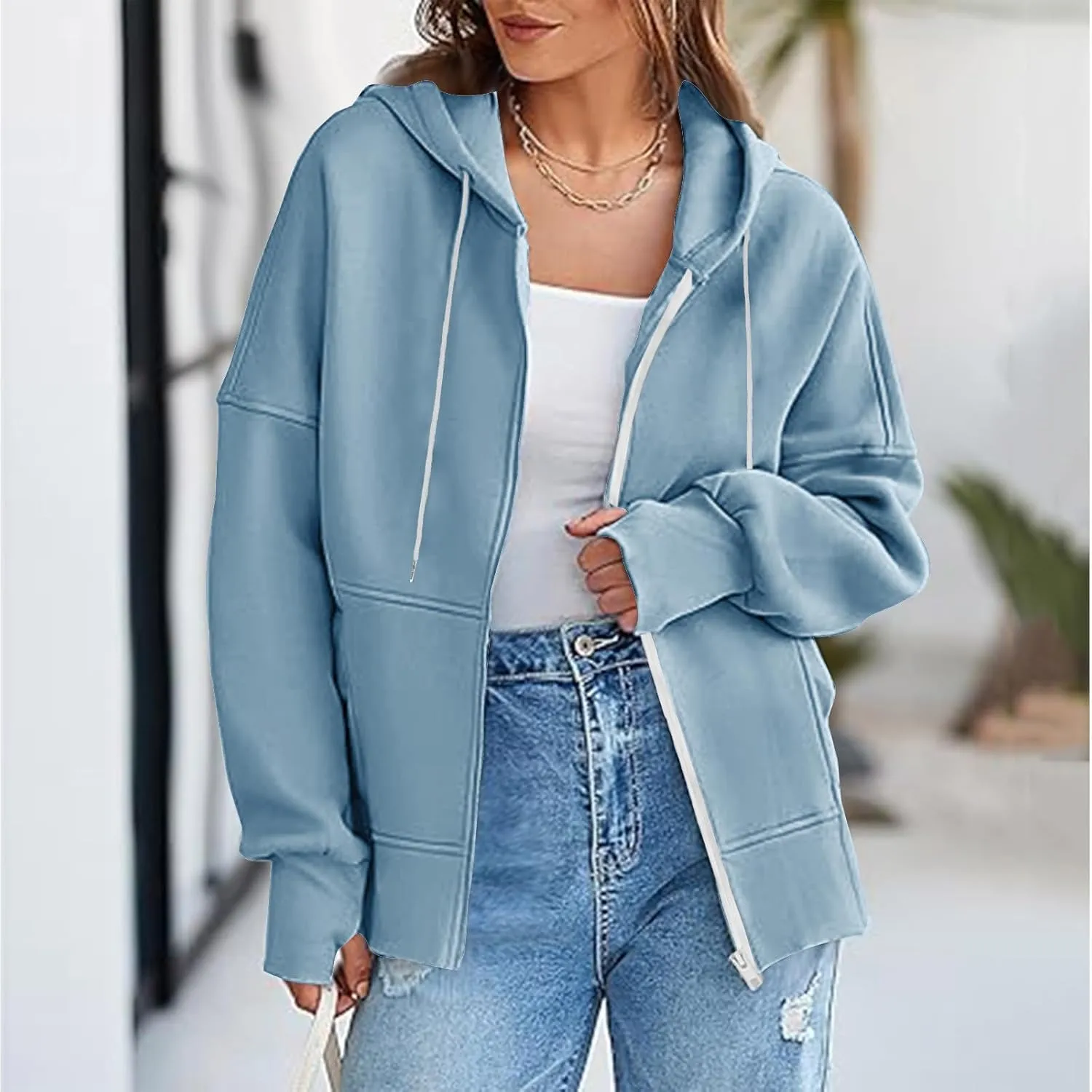 Women's Fashion Oversized Hoodie Long Sleeve Fleece Sweatshirt Full Zip Thumb Hole Pullover Pocket Casual Coat Tops