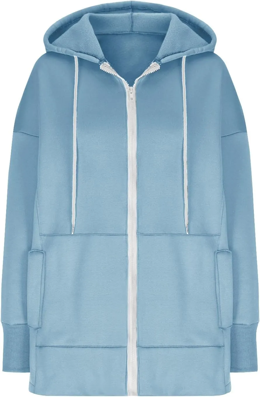 Women's Fashion Oversized Hoodie Long Sleeve Fleece Sweatshirt Full Zip Thumb Hole Pullover Pocket Casual Coat Tops
