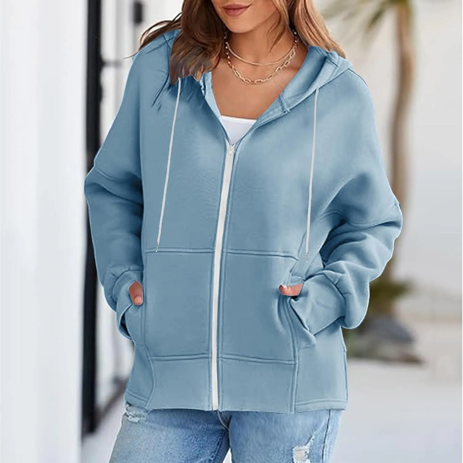 Women's Fashion Oversized Hoodie Long Sleeve Fleece Sweatshirt Full Zip Thumb Hole Pullover Pocket Casual Coat Tops