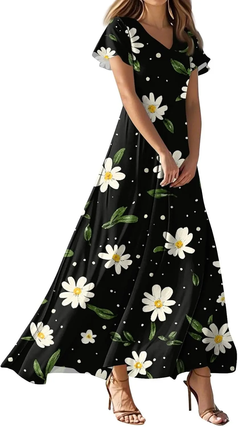 Women's Floral Dress Summer Casual Loose Trendy Short Sleeve V-Neck Printed Sun Beach Vacation Maxi Dresses, XS-2XL