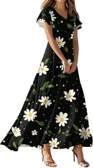 Women's Floral Dress Summer Casual Loose Trendy Short Sleeve V-Neck Printed Sun Beach Vacation Maxi Dresses, XS-2XL