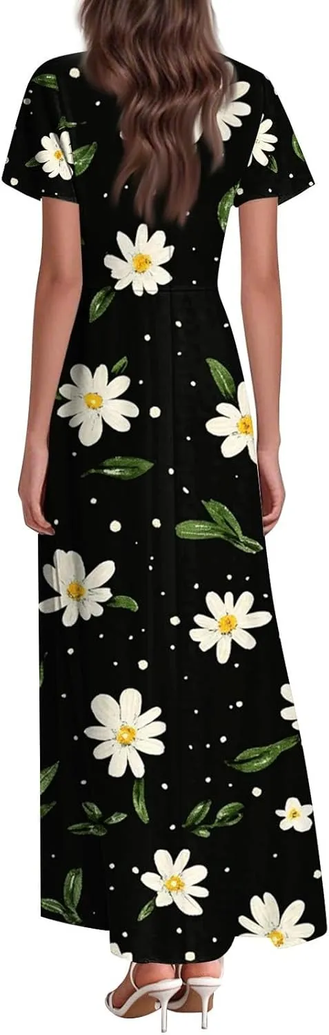 Women's Floral Dress Summer Casual Loose Trendy Short Sleeve V-Neck Printed Sun Beach Vacation Maxi Dresses, XS-2XL