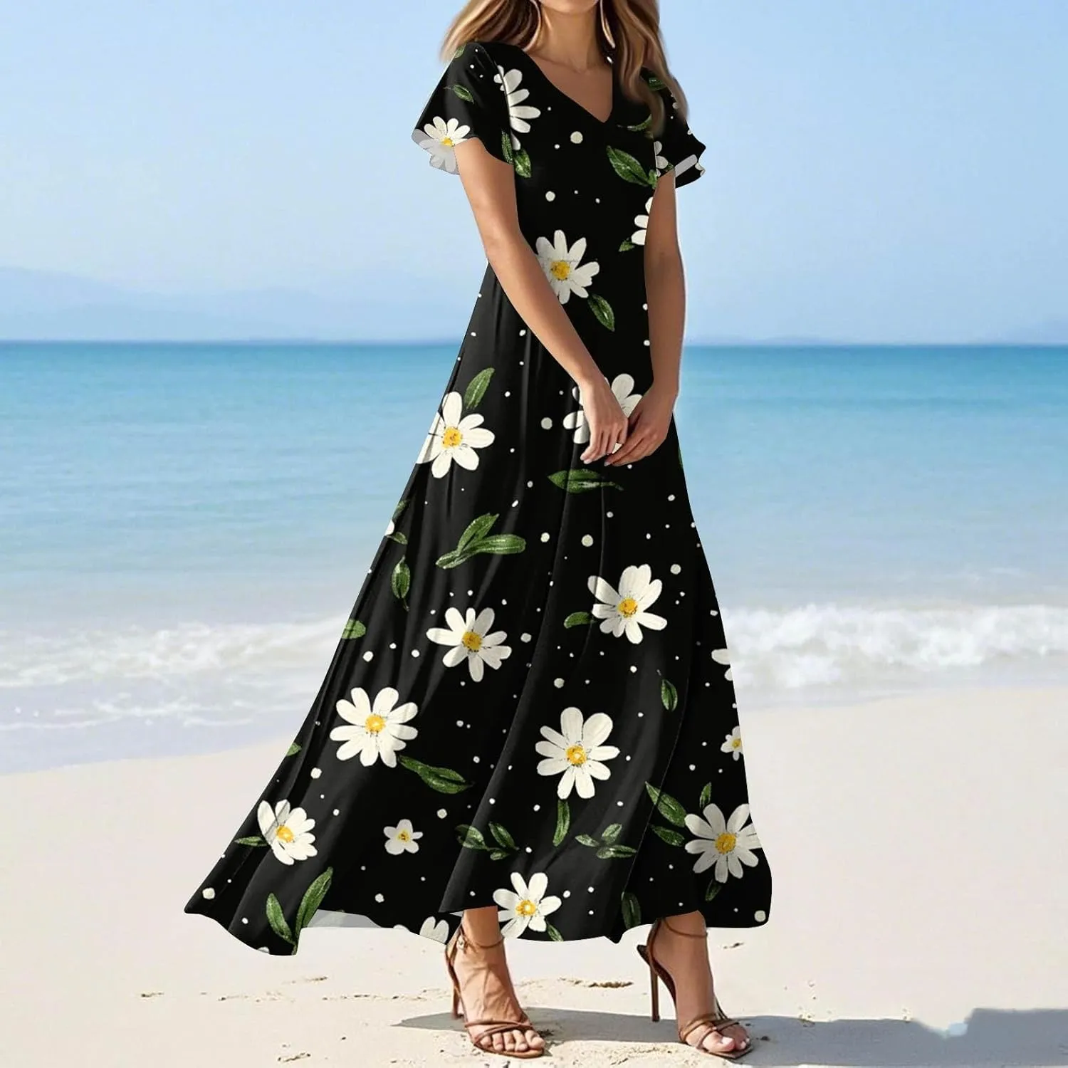 Women's Floral Dress Summer Casual Loose Trendy Short Sleeve V-Neck Printed Sun Beach Vacation Maxi Dresses, XS-2XL