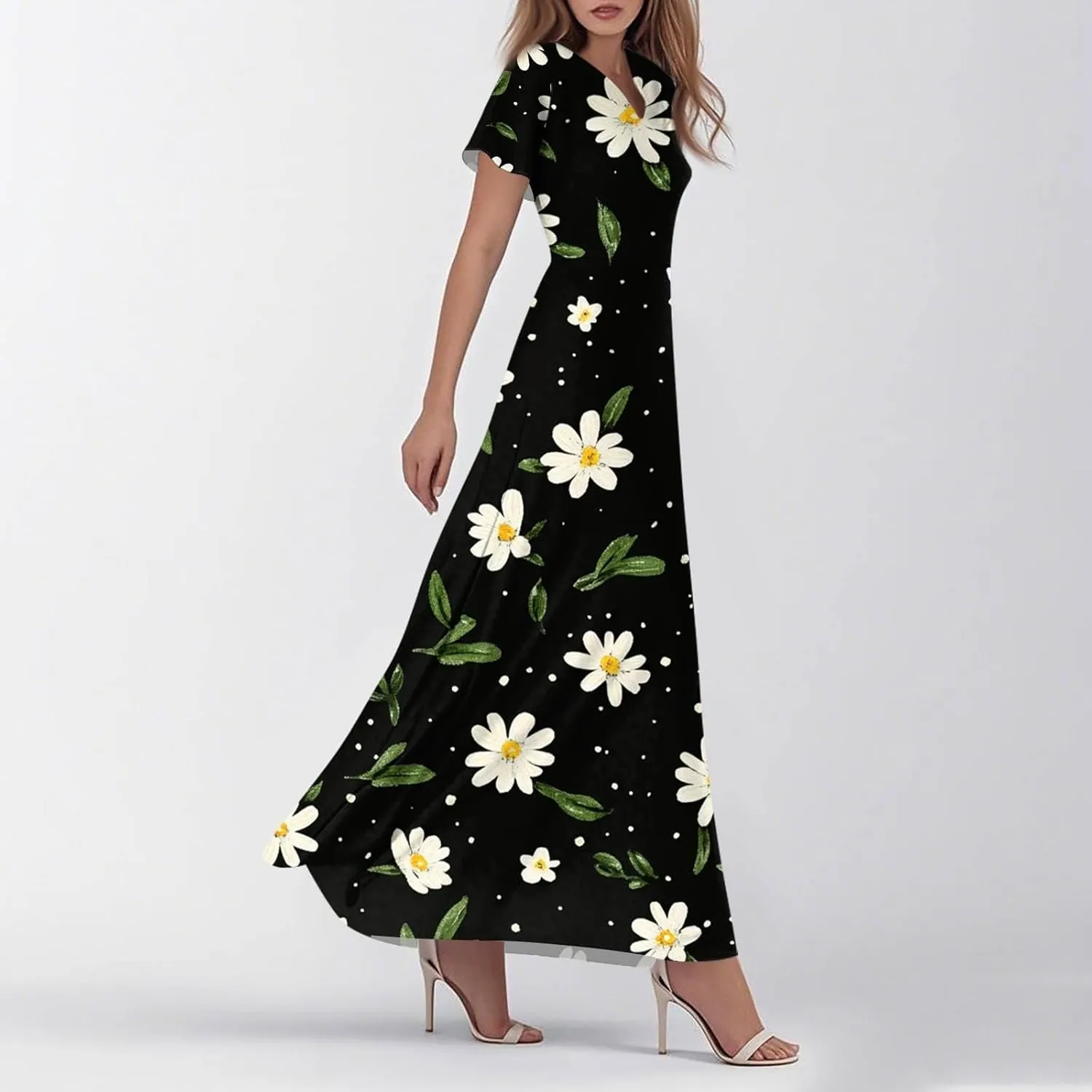Women's Floral Dress Summer Casual Loose Trendy Short Sleeve V-Neck Printed Sun Beach Vacation Maxi Dresses, XS-2XL