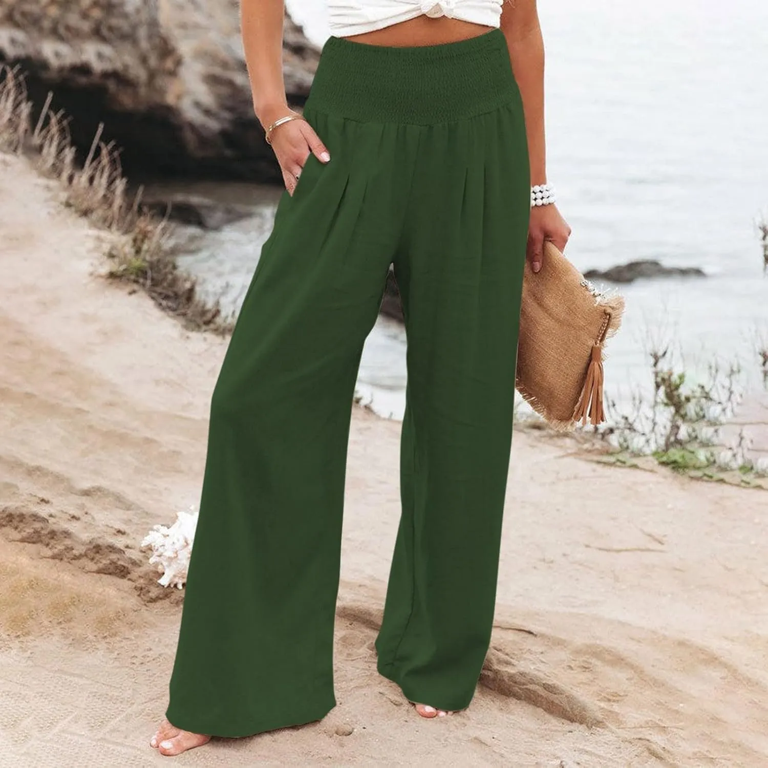 Womens Flowy Pants Loose Linen Wide Leg Pants High Waisted Elastic Waistband Trousers Preppy Cotton Linen Joggers Bottoms