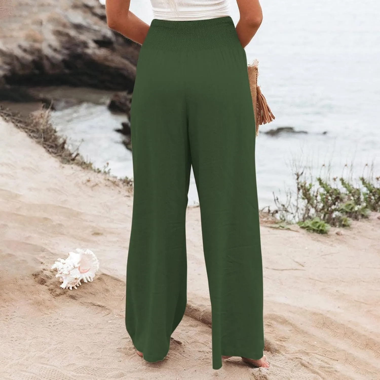 Womens Flowy Pants Loose Linen Wide Leg Pants High Waisted Elastic Waistband Trousers Preppy Cotton Linen Joggers Bottoms