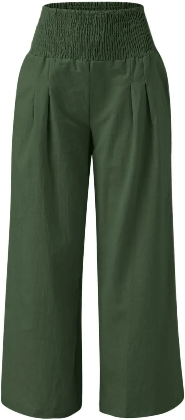 Womens Flowy Pants Loose Linen Wide Leg Pants High Waisted Elastic Waistband Trousers Preppy Cotton Linen Joggers Bottoms