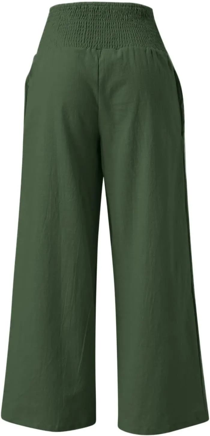 Womens Flowy Pants Loose Linen Wide Leg Pants High Waisted Elastic Waistband Trousers Preppy Cotton Linen Joggers Bottoms
