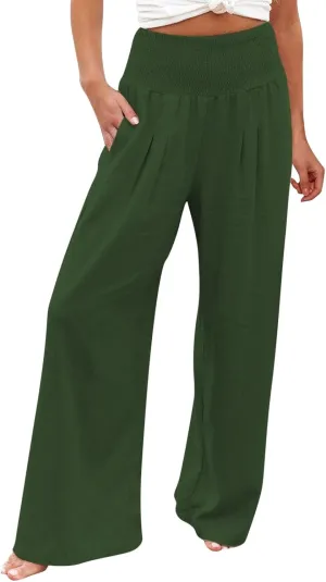 Womens Flowy Pants Loose Linen Wide Leg Pants High Waisted Elastic Waistband Trousers Preppy Cotton Linen Joggers Bottoms