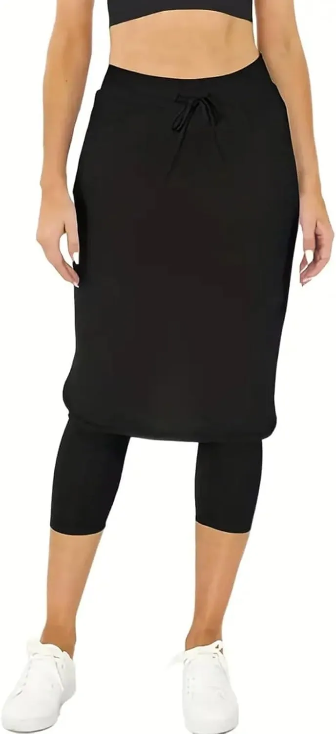 Womens Golf Skirts with Leggings, Knee Length Tennis Skorts with Pockets Stretchy Waisted Long Skorts with Yoga Pants