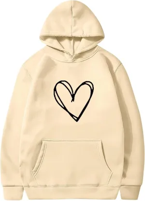 Womens Heart Print Hoodies Trendy Long Sleeve Love Graphic Sweatshirt Loose Casual Cute Fall Pullover Top with Pocket