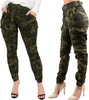 Women's High Waist Cargo Camouflage Pants for with Matching Belt Combat Military Trousers Tapered Pants with Pockets