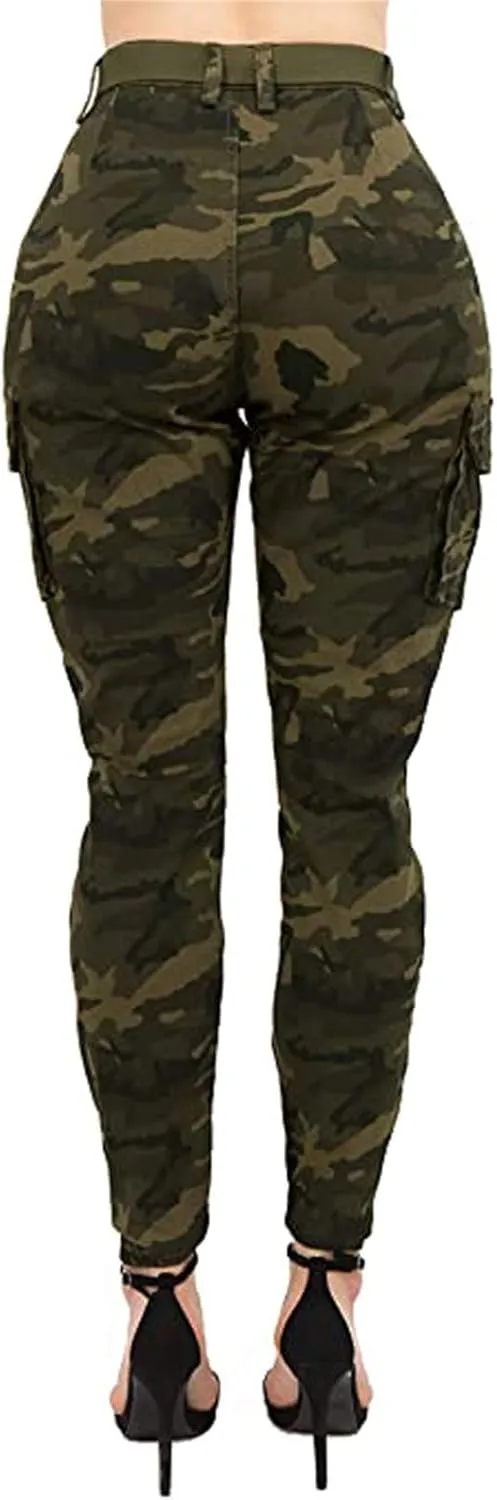 Women's High Waist Cargo Camouflage Pants for with Matching Belt Combat Military Trousers Tapered Pants with Pockets