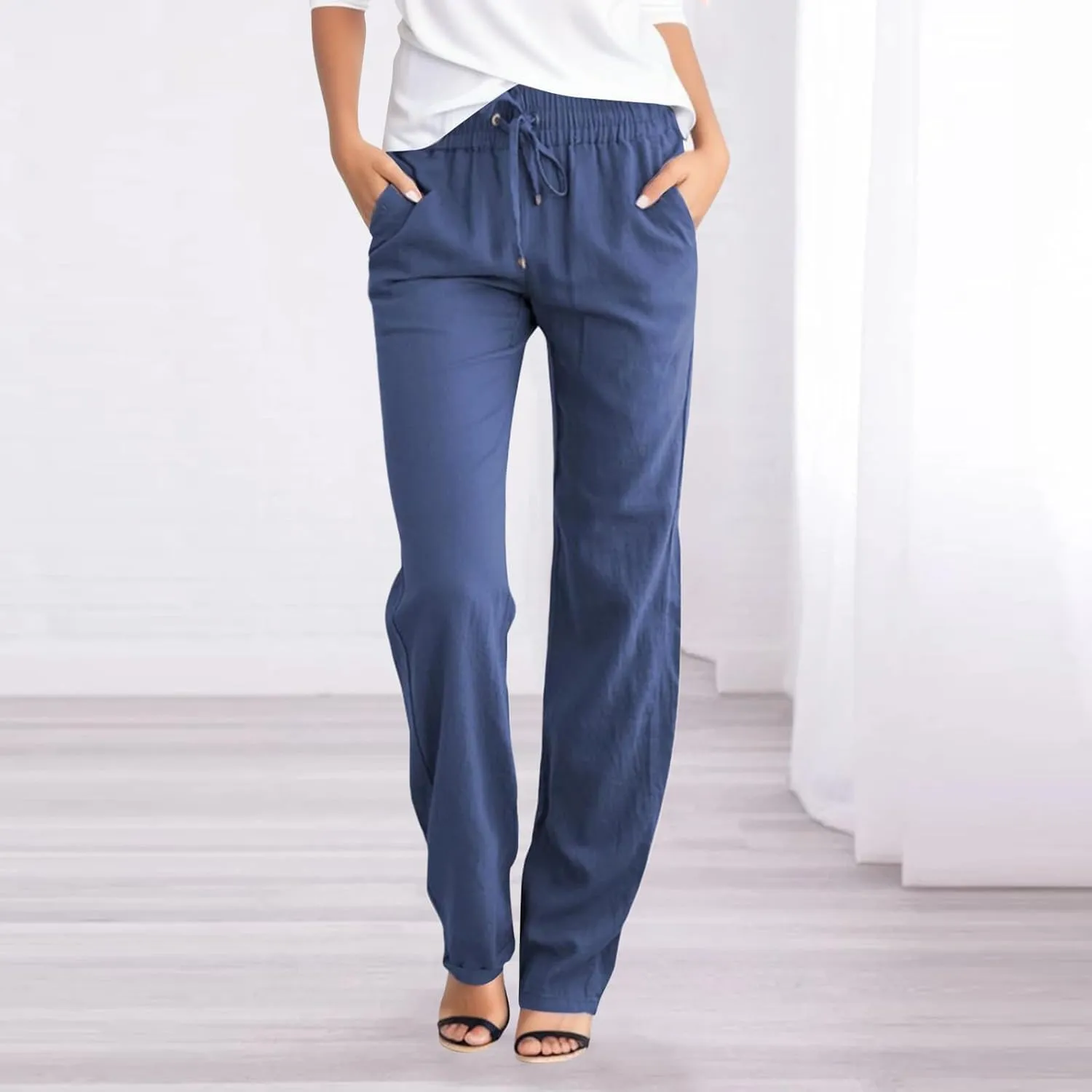 Womens High Waist Cotton Linen Pants Straight Leg Casual Loose Summer Beach Lightweight Drawstring Comfy Lounge Pants