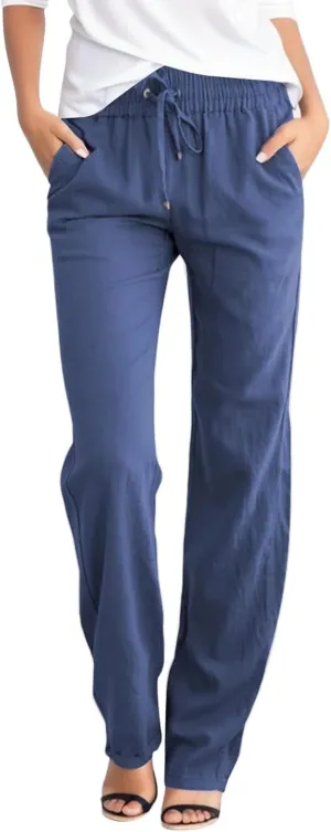 Womens High Waist Cotton Linen Pants Straight Leg Casual Loose Summer Beach Lightweight Drawstring Comfy Lounge Pants