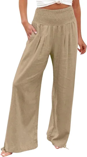 Womens High Waist Pockets Elastic Waist Solid Loose Pants Casual Long Trousers Women's Pants Casual Elastic Waist