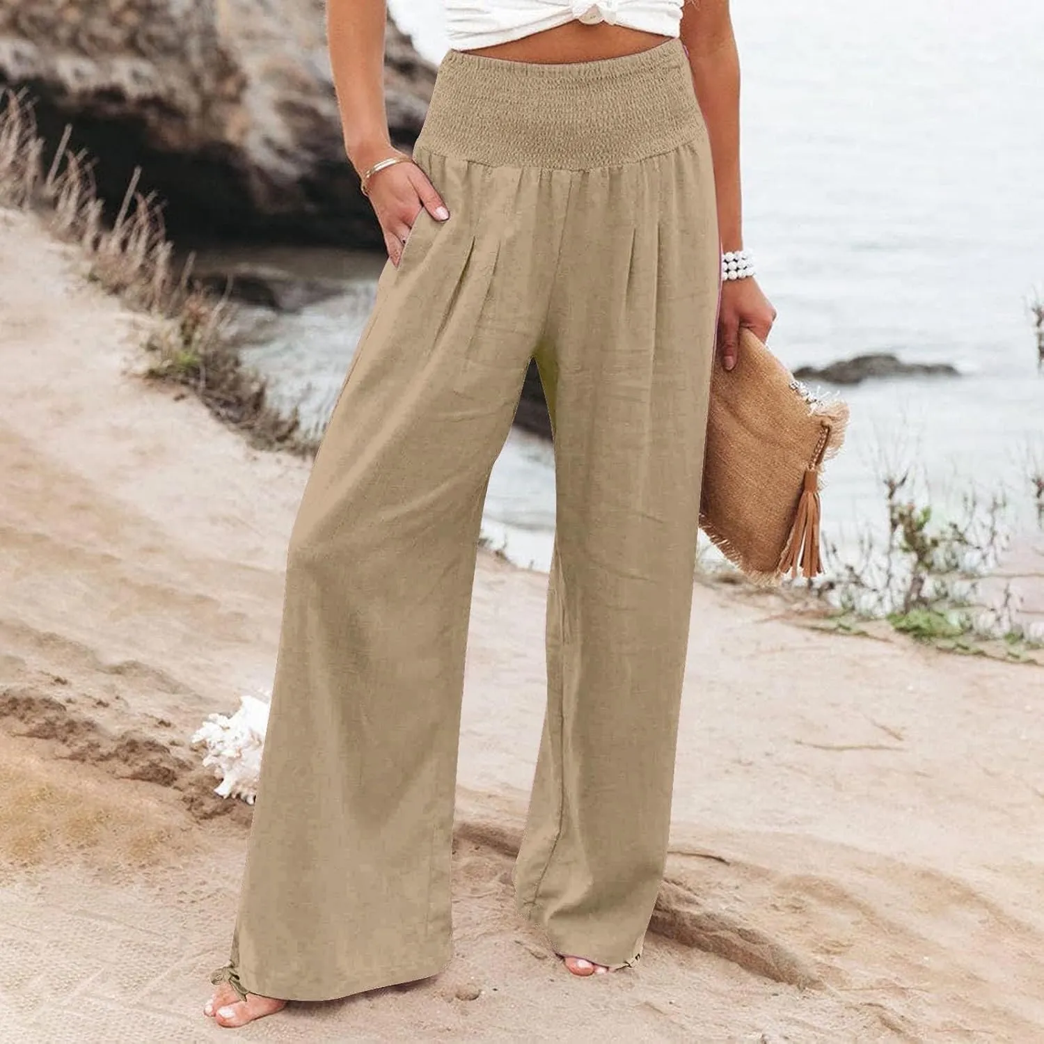 Womens High Waist Pockets Elastic Waist Solid Loose Pants Casual Long Trousers Women's Pants Casual Elastic Waist
