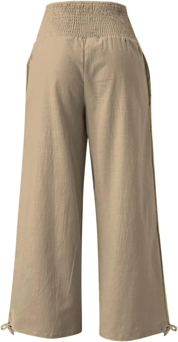 Womens High Waist Pockets Elastic Waist Solid Loose Pants Casual Long Trousers Women's Pants Casual Elastic Waist