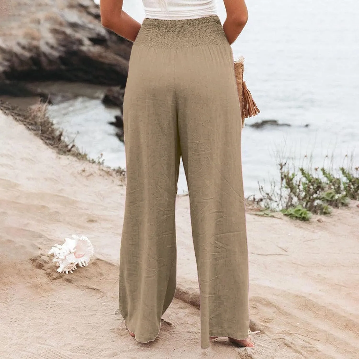 Womens High Waist Pockets Elastic Waist Solid Loose Pants Casual Long Trousers Women's Pants Casual Elastic Waist