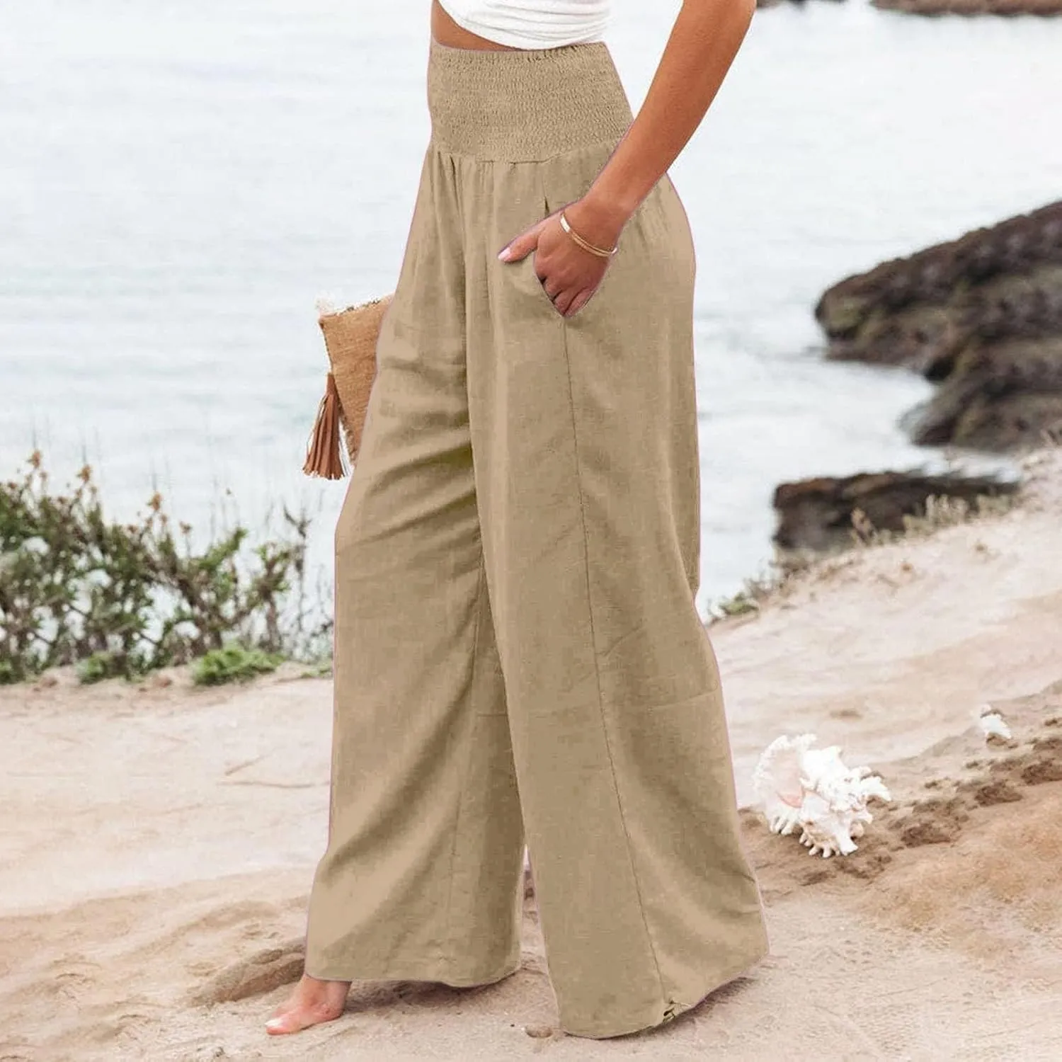 Womens High Waist Pockets Elastic Waist Solid Loose Pants Casual Long Trousers Women's Pants Casual Elastic Waist