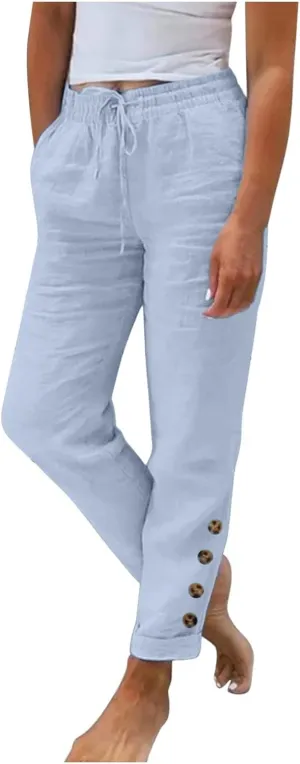 Women's Linen Blend Summer Lightweigt Pant Trousers Elastic Waisted Wide Leg Slim-Fit Pants Beach