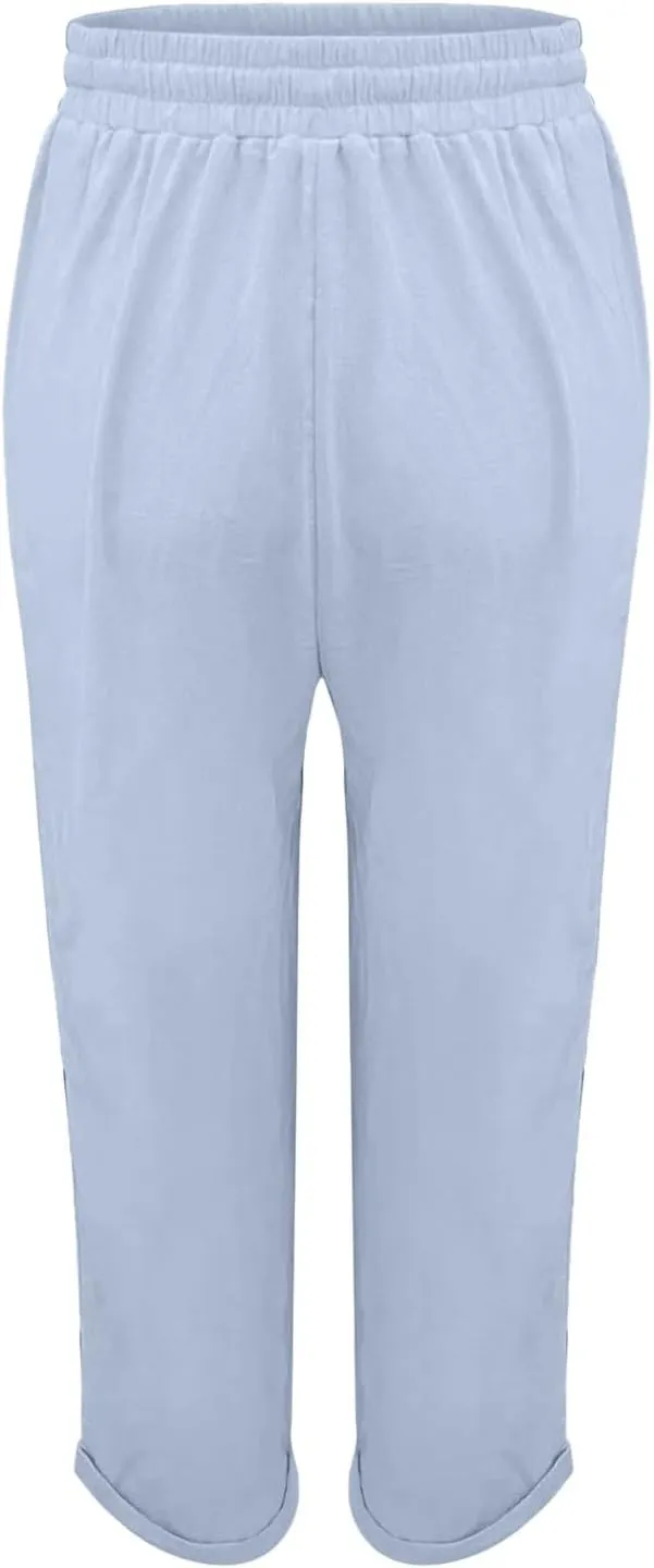 Women's Linen Blend Summer Lightweigt Pant Trousers Elastic Waisted Wide Leg Slim-Fit Pants Beach