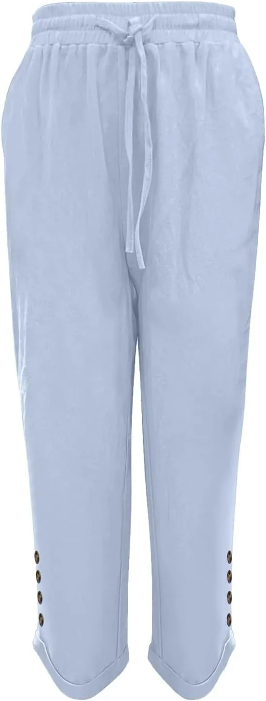 Women's Linen Blend Summer Lightweigt Pant Trousers Elastic Waisted Wide Leg Slim-Fit Pants Beach