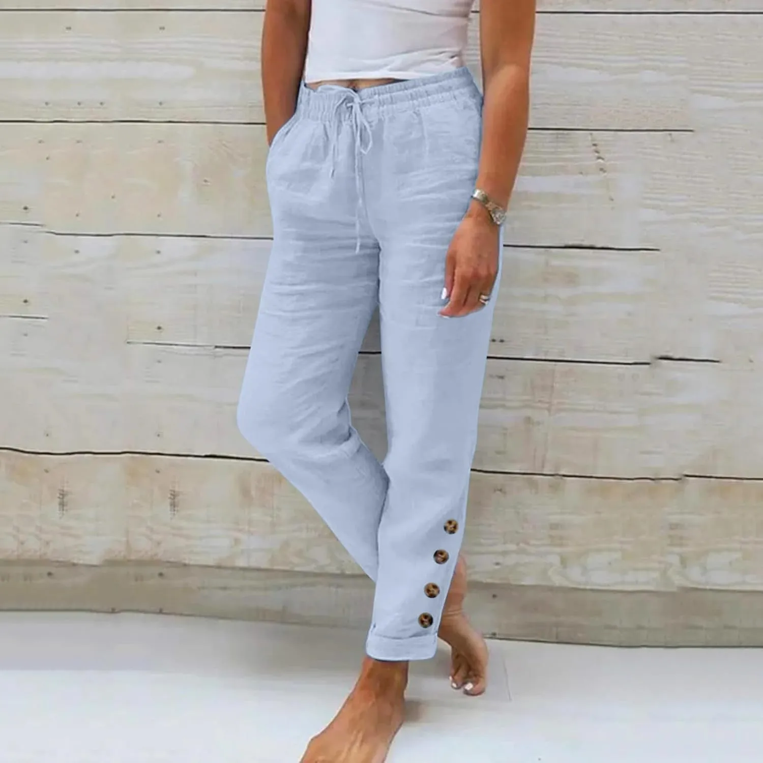 Women's Linen Blend Summer Lightweigt Pant Trousers Elastic Waisted Wide Leg Slim-Fit Pants Beach