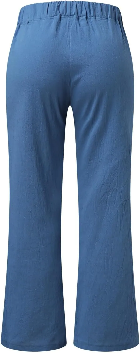 Women's Linen Blend Summer Loose Pant Trousers Elastic Waist Straight Plus Size Trouser Office