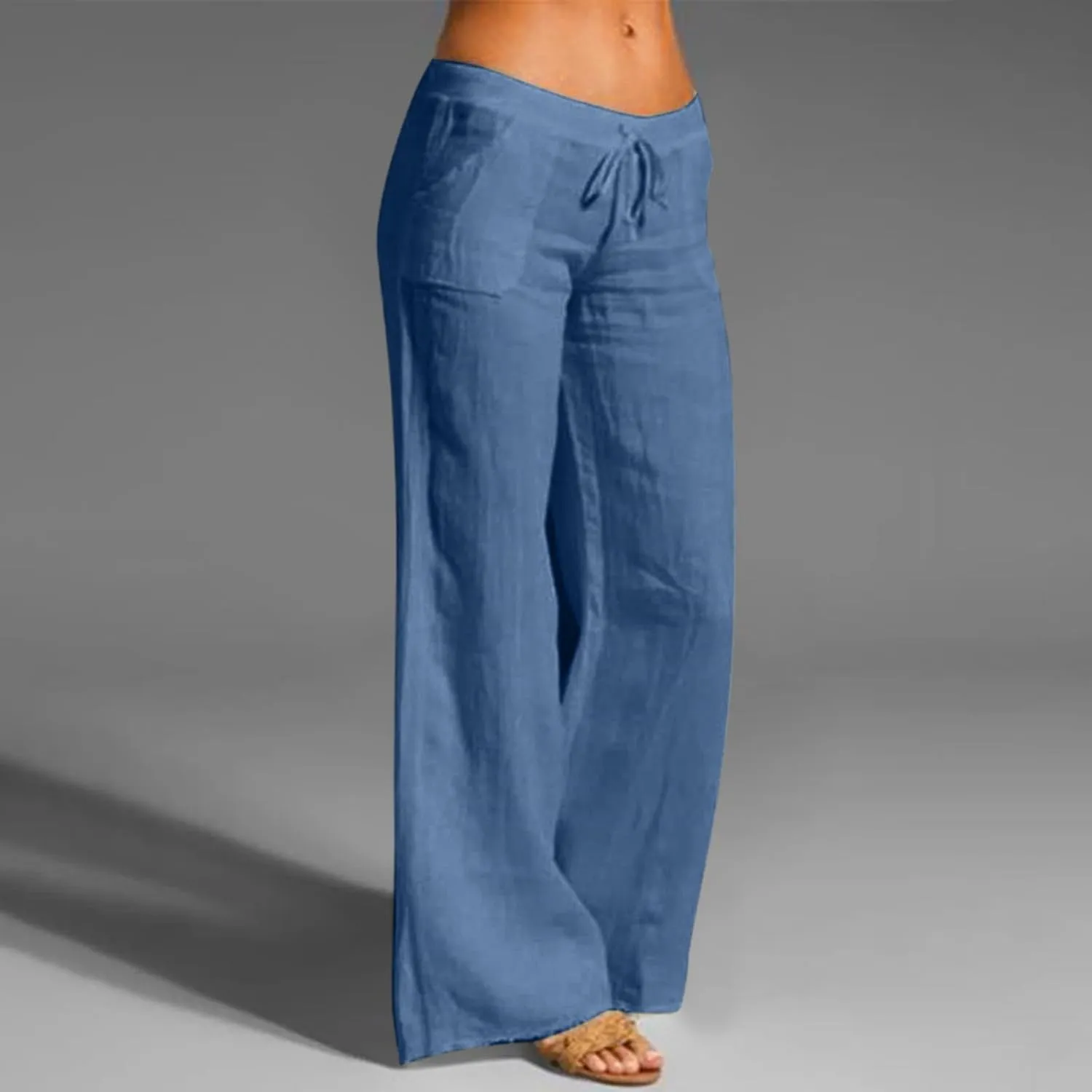 Women's Linen Blend Summer Loose Pant Trousers Elastic Waist Straight Plus Size Trouser Office
