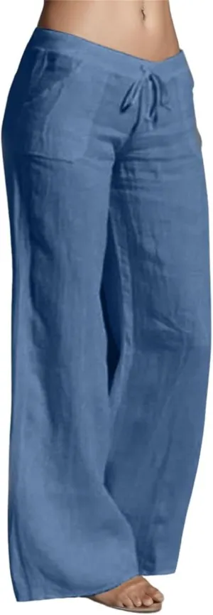 Women's Linen Blend Summer Loose Pant Trousers Elastic Waist Straight Plus Size Trouser Office