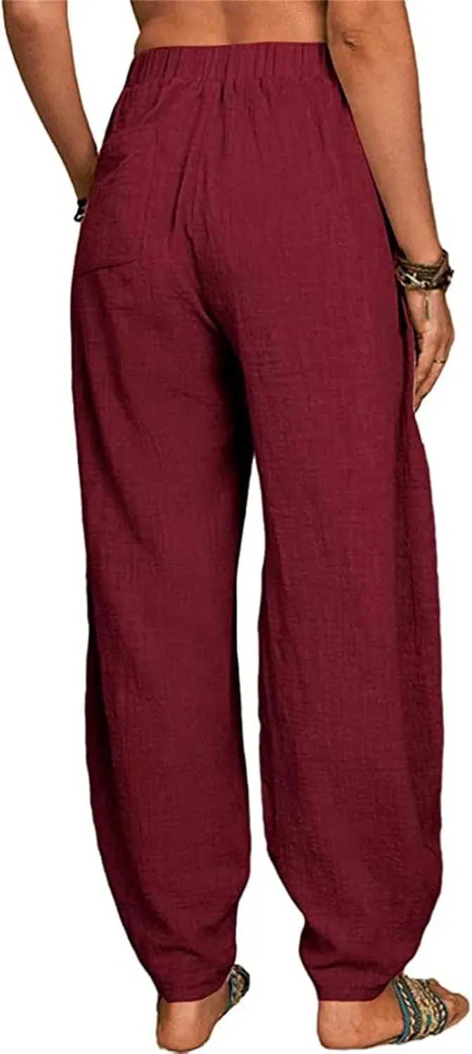 Womens Linen Blend Summer Palazzo Palazzo Lounge Pants Elastic Waisted Baggy Stretchy Loose Fit Trousers Vacation