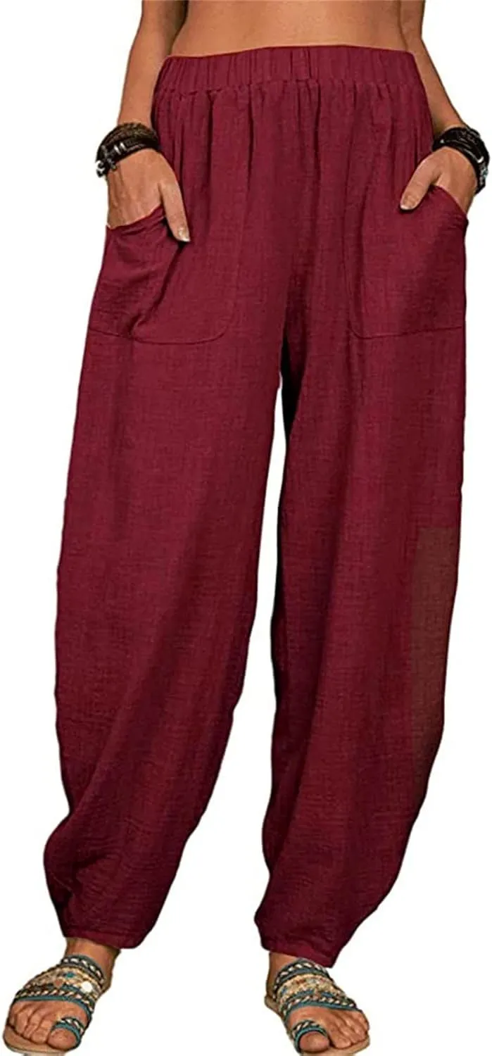 Womens Linen Blend Summer Palazzo Palazzo Lounge Pants Elastic Waisted Baggy Stretchy Loose Fit Trousers Vacation
