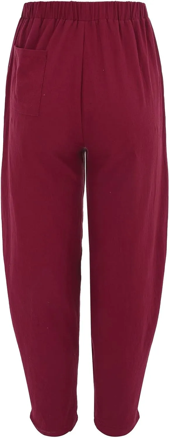 Womens Linen Blend Summer Palazzo Palazzo Lounge Pants Elastic Waisted Baggy Stretchy Loose Fit Trousers Vacation