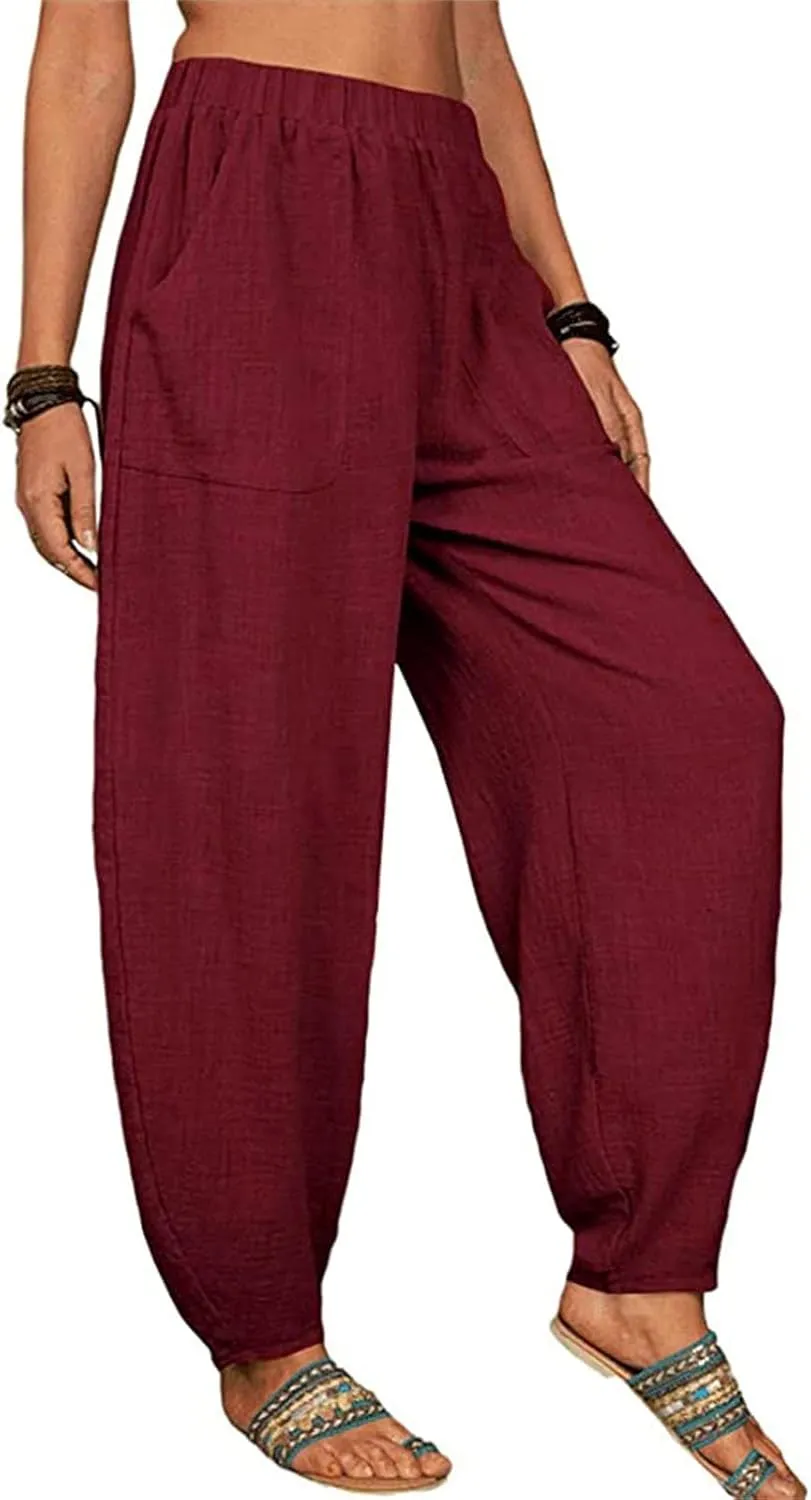 Womens Linen Blend Summer Palazzo Palazzo Lounge Pants Elastic Waisted Baggy Stretchy Loose Fit Trousers Vacation