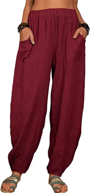 Womens Linen Blend Summer Palazzo Palazzo Lounge Pants Elastic Waisted Baggy Stretchy Loose Fit Trousers Vacation
