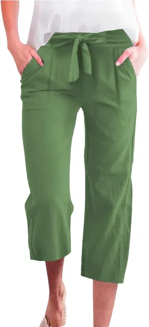 Womens Linen Capri Pants Straight Leg Elastic Waist Drawstring 2025 Summer Casual Lounge Trousers with Pockets