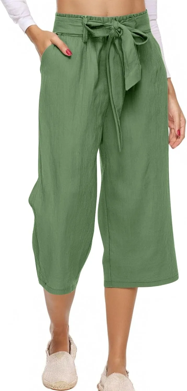 Womens Linen Capri Pants Straight Leg Elastic Waist Drawstring 2025 Summer Casual Lounge Trousers with Pockets