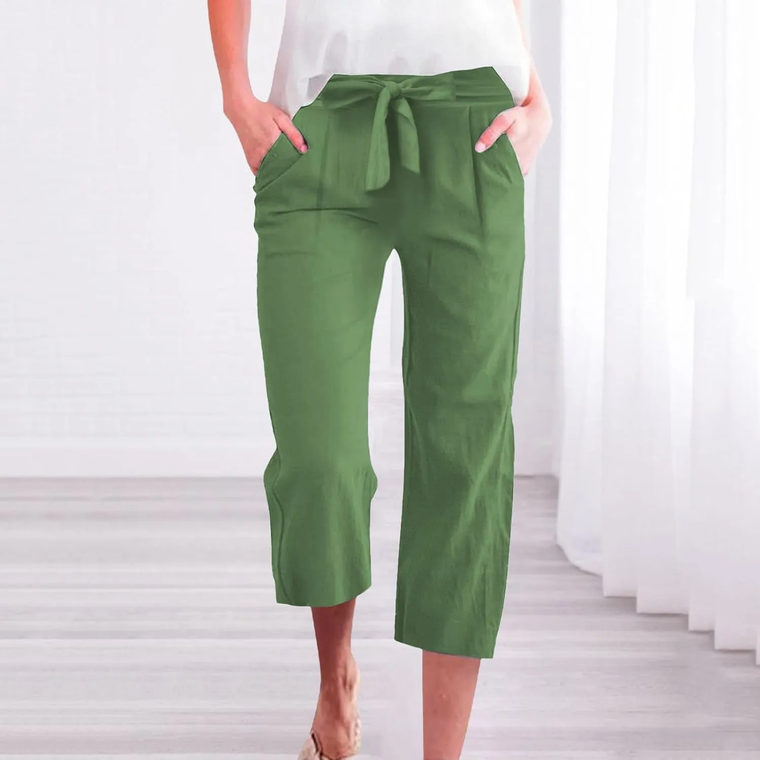 Womens Linen Capri Pants Straight Leg Elastic Waist Drawstring 2025 Summer Casual Lounge Trousers with Pockets