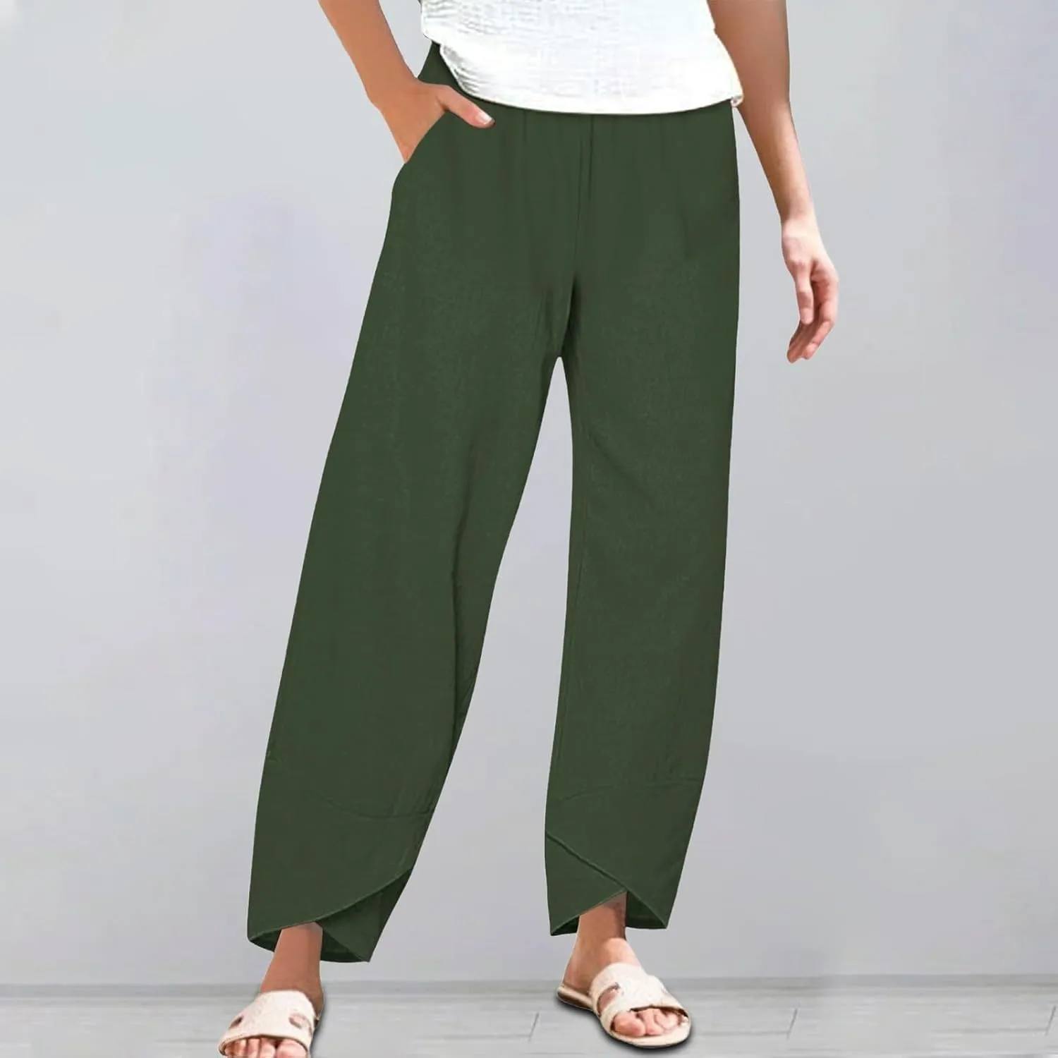 Women's Linen Palazzo Pants Leg Pants Elastic Drawstring Casual Trousers with Pockets Summer Beach Casual Lounge
