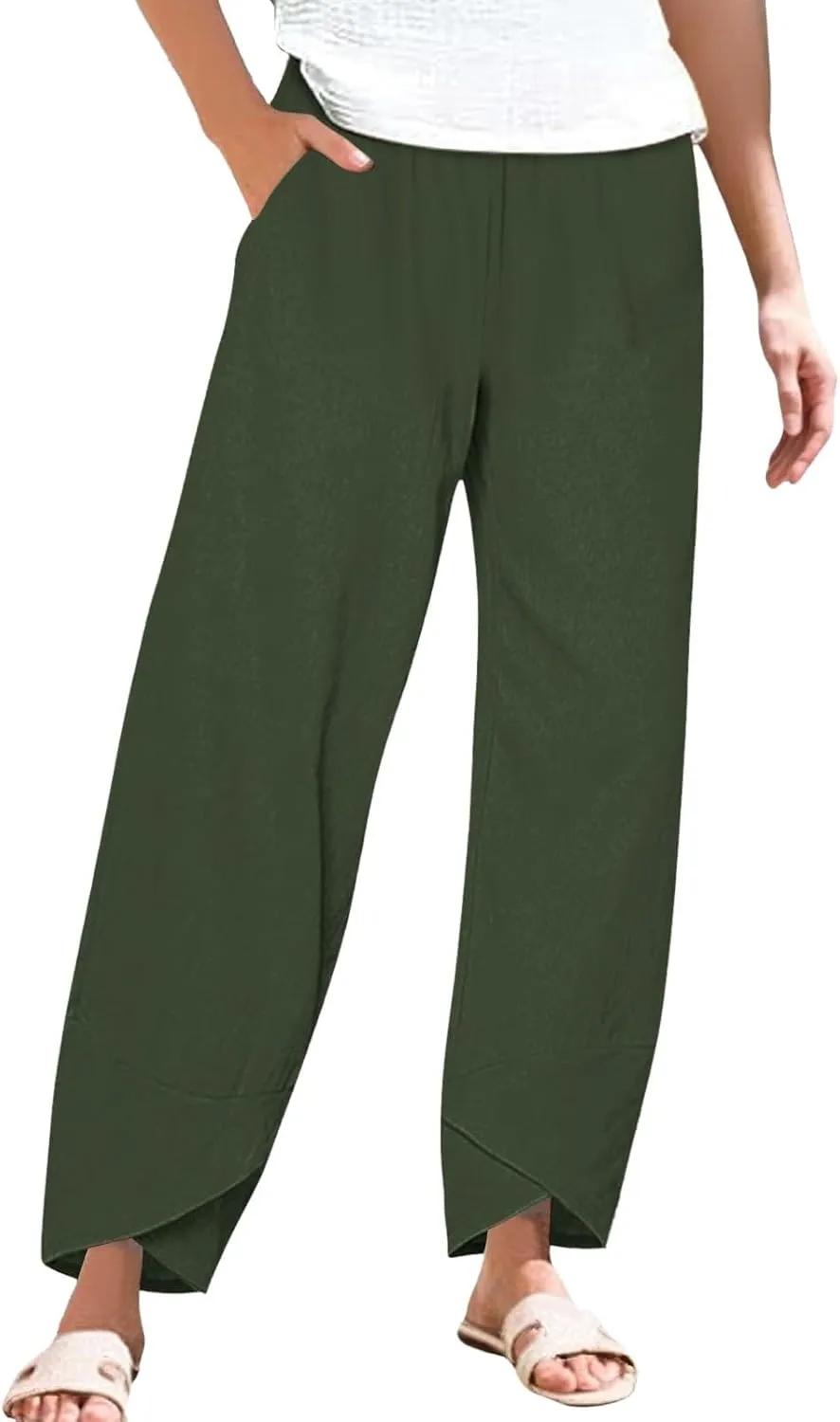 Women's Linen Palazzo Pants Leg Pants Elastic Drawstring Casual Trousers with Pockets Summer Beach Casual Lounge