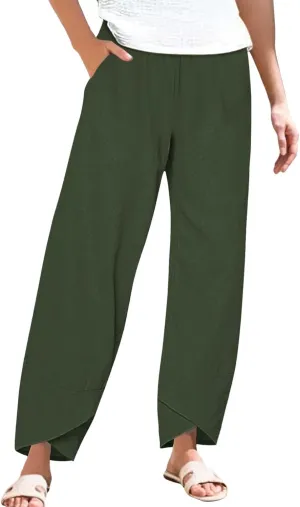 Women's Linen Palazzo Pants Leg Pants Elastic Drawstring Casual Trousers with Pockets Summer Beach Casual Lounge