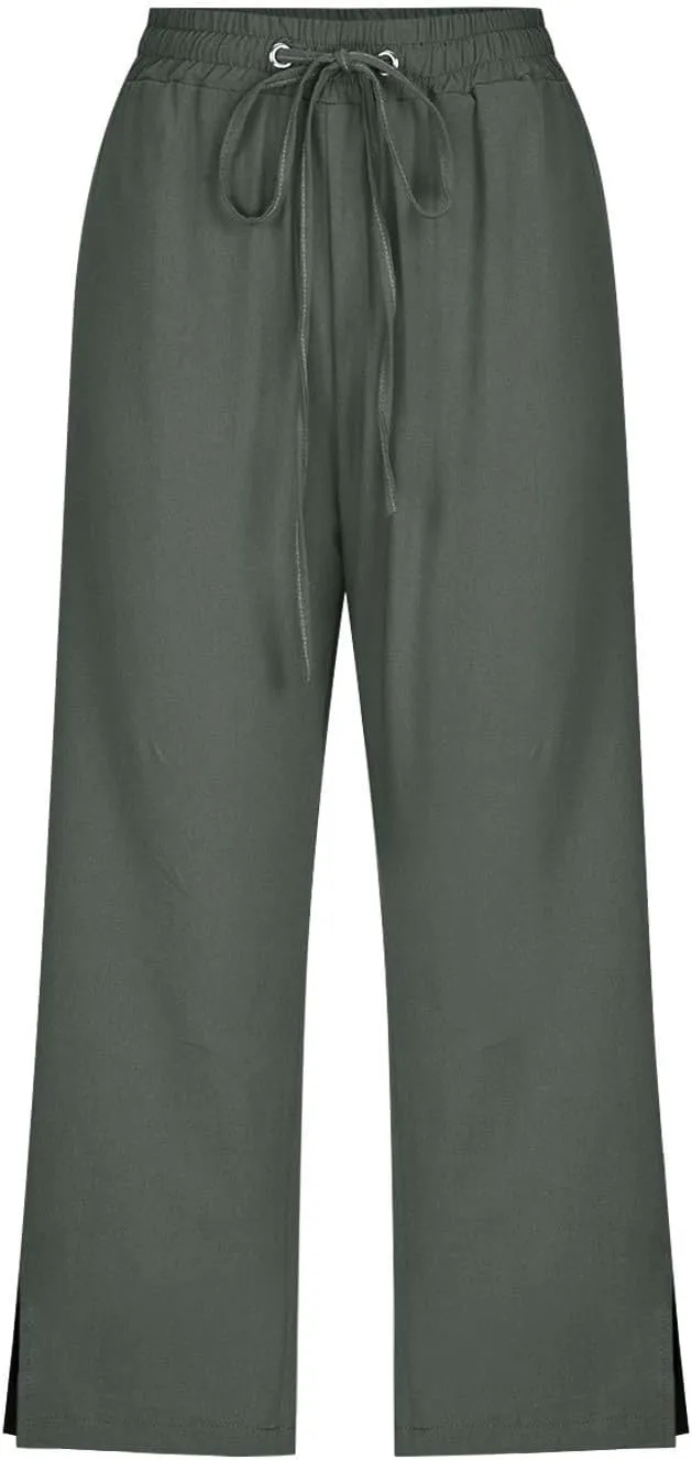 Womens Linen Pants Drawstring Loose Fit Stretchy Cropped Palazzo Pants Trousers Buttom Slit Summer Beach Travel Vacation