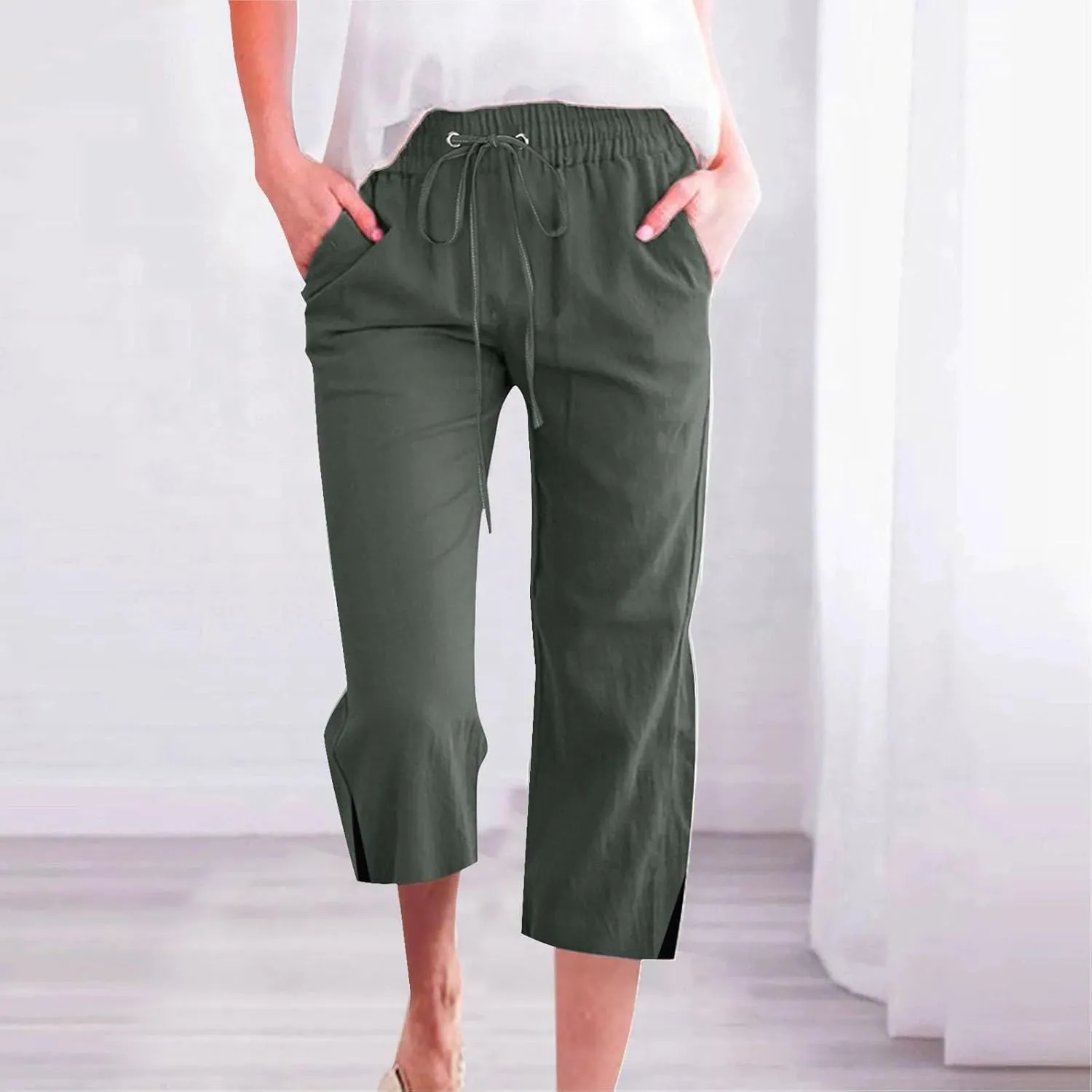 Womens Linen Pants Drawstring Loose Fit Stretchy Cropped Palazzo Pants Trousers Buttom Slit Summer Beach Travel Vacation