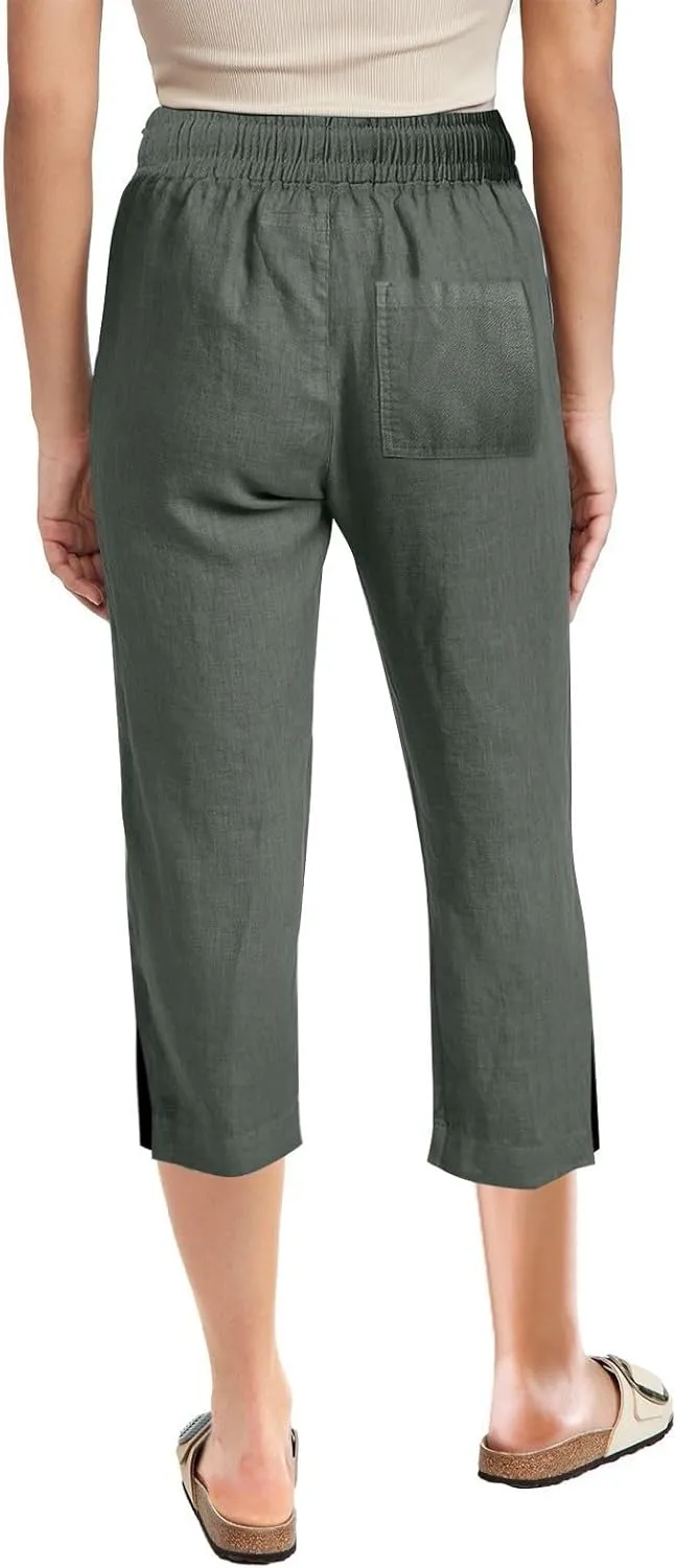 Womens Linen Pants Drawstring Loose Fit Stretchy Cropped Palazzo Pants Trousers Buttom Slit Summer Beach Travel Vacation